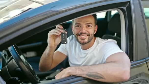 Young Hispanic Man Smiling Confident Holding Key New Car Street — Vídeos de Stock