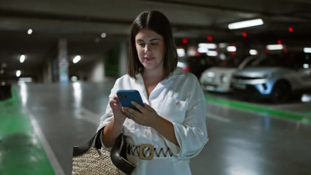 Jovem Bela Mulher Hispânica Procura Espaço Estacionamento Usando Smartphone Estacionamento — Vídeo de Stock