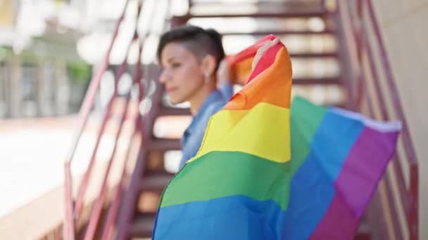 Young Beautiful Hispanic Woman Smiling Confident Wearing Rainbow Flag Street — Stock Video