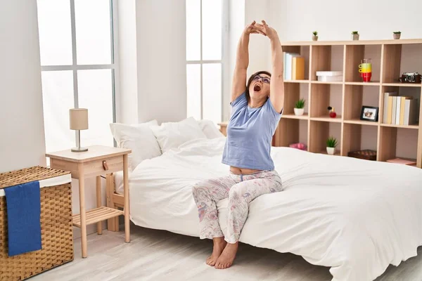 Middle Age Woman Waking Stretching Arms Yawning Bedroom — Stock Photo, Image