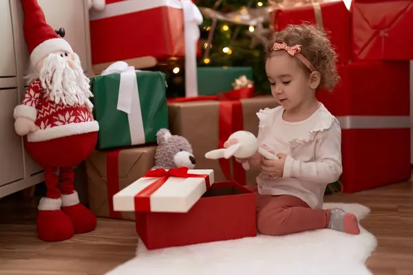 Adorable Caucasian Girl Unpacking Gift Sitting Floor Christmas Tree Home — Stock Photo, Image