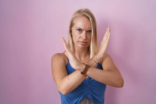 Young Caucasian Woman Standing Pink Background Rejection Expression Crossing Arms — Stock Photo, Image