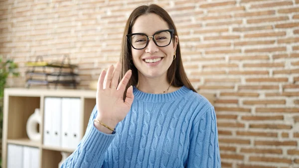 Young Caucasian Woman Business Worker Smiling Confident Saying Hello Hand — Stock Photo, Image