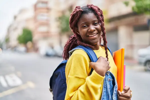 African American Woman Student Smiling Confident Holding Books Street — Stock Fotó