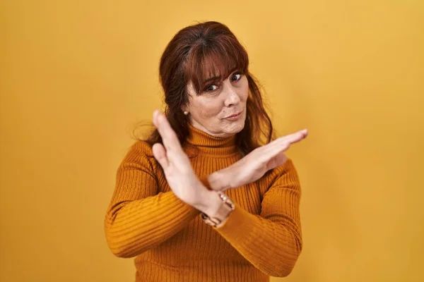Middle Age Hispanic Woman Standing Yellow Background Rejection Expression Crossing — Stock Photo, Image