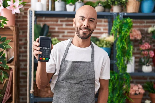 Middle Age Bald Man Working Florist Shop Holding Dataphone Looking — Stock Photo, Image