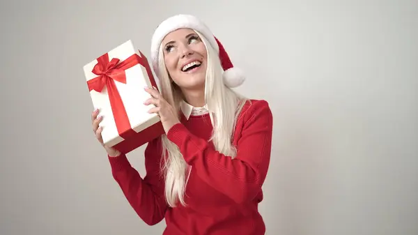 Mladá Blondýna Žena Nosí Vánoční Klobouk Sluch Zvuk Dárek Přes — Stock fotografie