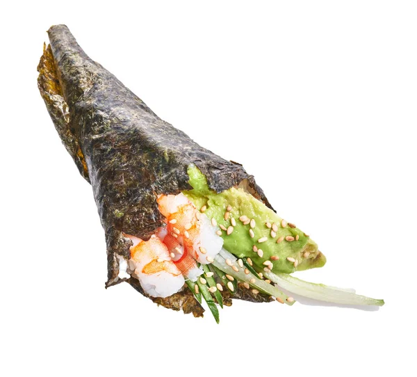 Single Delicious Prawn Avocado Temaki Sushi Sesame Isolated White Background — Stock Photo, Image