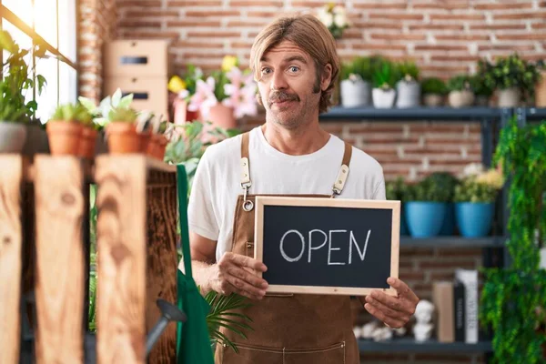 Caucasian Man Mustache Working Florist Holding Open Sign Clueless Confused — Stock Photo, Image