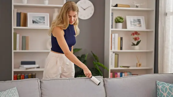 Young blonde woman cleaning sofa at home