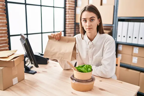 Young Caucasian Woman Working Small Business Ecommerce Holding Take Away — Stock Photo, Image