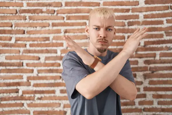 Young Caucasian Man Standing Bricks Wall Rejection Expression Crossing Arms — Stock Photo, Image