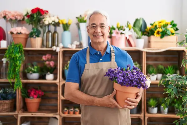 Middle Age Man Grey Hair Working Florist Shop Holding Plant — Stock Photo, Image