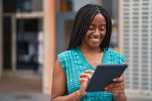 African American Woman Smiling Confident Using Touchpad Street —  Fotos de Stock