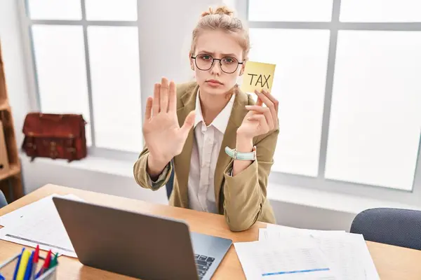 Young Caucasian Woman Office Calculating Taxes Open Hand Doing Stop — Stock Photo, Image
