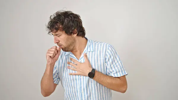 Young Hispanic Man Coughing Isolated White Background — Stock Photo, Image