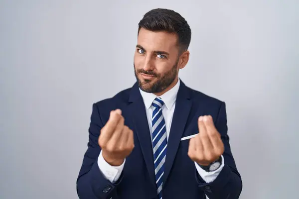 Handsome Hispanic Man Wearing Suit Tie Doing Money Gesture Hands — Stock Photo, Image