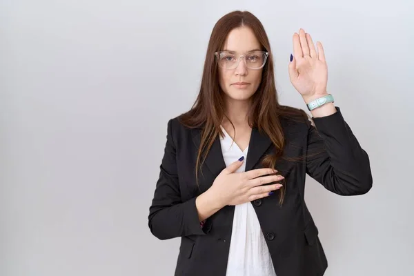 Beautiful Brunette Woman Wearing Business Jacket Glasses Swearing Hand Chest — Stock Photo, Image