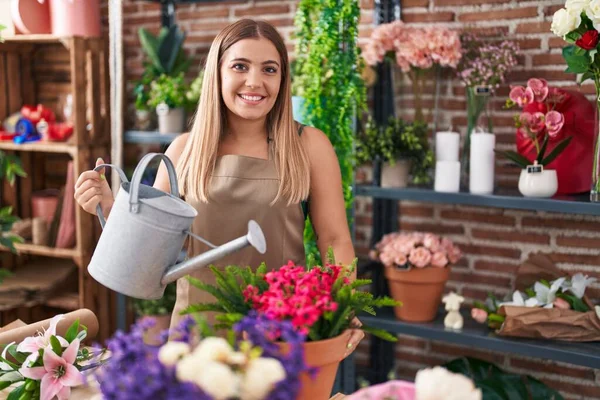 Young Beautiful Hispanic Woman Florist Watering Plant Florist — Photo