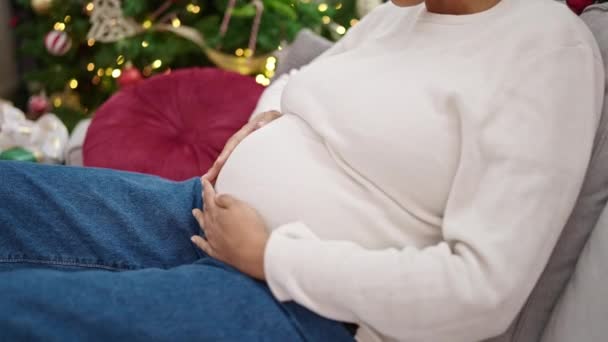 Ung Gravid Kvinna Röra Magen Firar Jul Hemma — Stockvideo