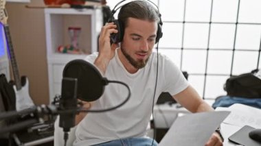 Genç İspanyol müzisyen radyo stüdyosunda şarkı söylüyor.