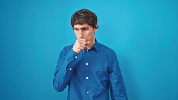 Young Hispanic Man Coughing Isolated Blue Background — Stock Video
