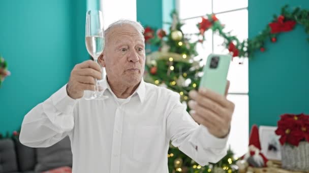 Senior Grey Haired Man Having Video Call Celebrating Christmas Holding — Stock Video