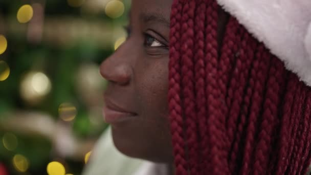 Femme Africaine Aux Cheveux Tressés Souriant Assis Près Arbre Noël — Video