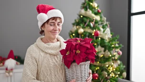 Ώριμη Ισπανόφωνη Γυναίκα Που Κρατάει Χριστουγεννιάτικο Φυτό Στο Σπίτι — Αρχείο Βίντεο
