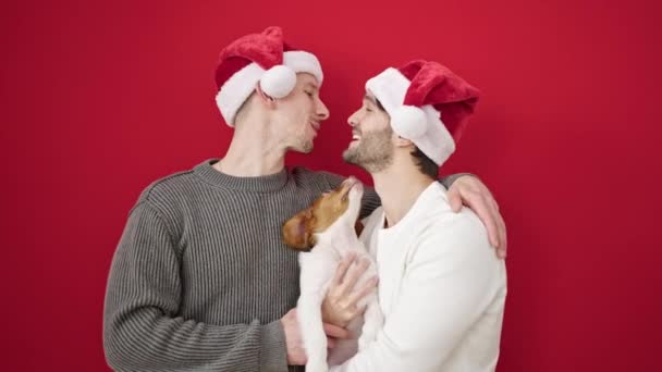 Dos Hombres Pareja Usando Navidad Sombrero Abrazo Perro Besos Sobre — Vídeo de stock