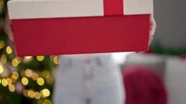 Afrika kökenli Amerikalı bir kadın Noel ağacının yanında duruyor.