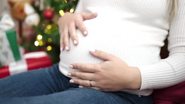 Jonge Zwangere Vrouw Vieren Kerst Aanraken Buik Doen Hart Gebaar — Stockvideo