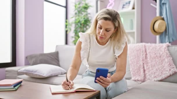 Mujer Rubia Joven Usando Teléfono Inteligente Tomando Notas Sentado Sofá — Vídeos de Stock
