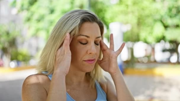 Young Blonde Woman Suffering Headache Park – Stock-video