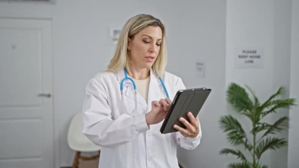 Young Blonde Woman Doctor Using Touchpad Asking Someone Clinic Waiting — Stock Video