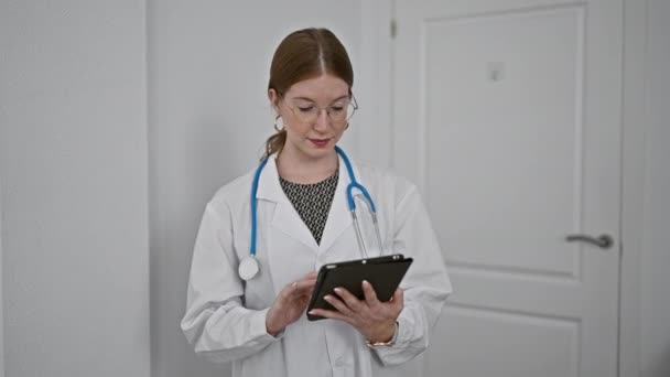 若い金髪女性医師は診療所待合室でタッチパッドを使用しています — ストック動画