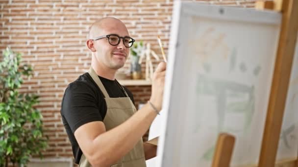 Young Hispanic Man Artist Smiling Confident Drawing Art Studio — 图库视频影像