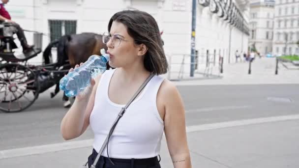 年轻美丽的惊慌失措的女人站在维也纳街头喝水 — 图库视频影像