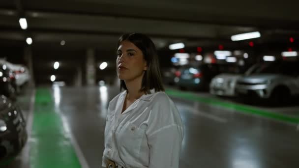 Jovem Bela Mulher Hispânica Procura Espaço Estacionamento Estacionamento — Vídeo de Stock
