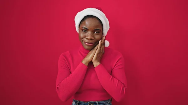 African American Woman Standing Looking Upset Wearing Christmas Hat Isolated — Stock Photo, Image