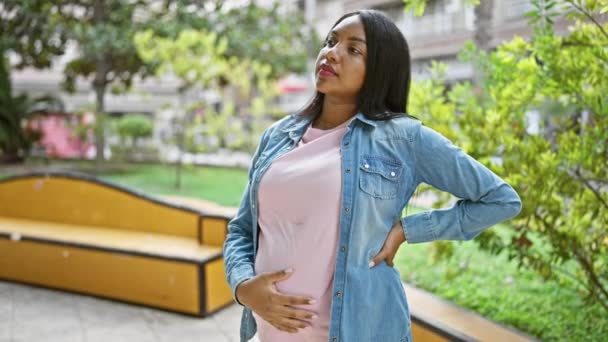 Mujer Embarazada Joven Cansada Tocándose Vientre Parada Parque Expresando Emoción — Vídeos de Stock