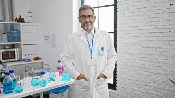 Sebevědomý Mladý Hispánský Vědec Šedovlasý Usmívající Procházející Laboratoří Ponořený Inovativní — Stock video