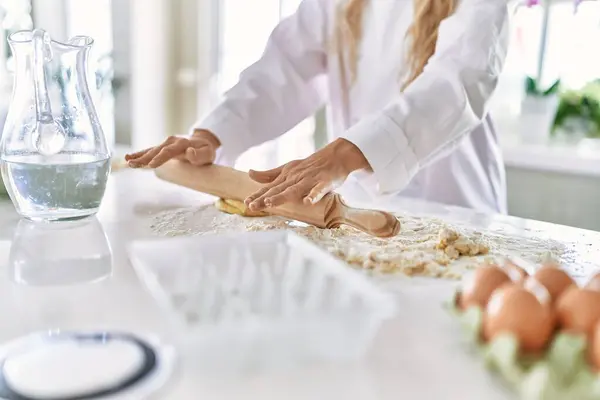 Young Woman Wearing Cook Uniform Kneading Pasta Dough Kitchen — Stock Photo, Image