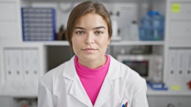Gülümseyen genç İspanyol bilim kadını, kendinden emin ve güzel, laboratuarda güvenlik gözlüğü takıyor.