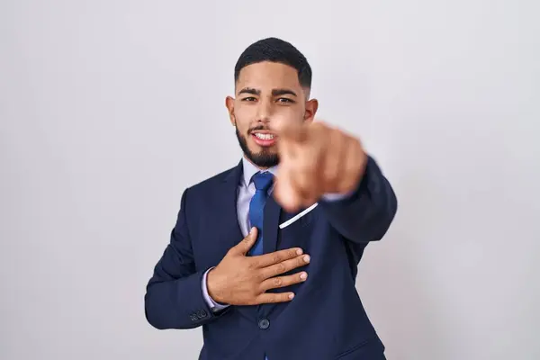 Young Hispanic Man Wearing Business Suit Tie Laughing You Pointing — Stock Photo, Image