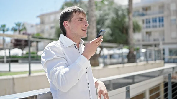 Young Caucasian Man Sending Voice Message Smartphone Street — Stock Photo, Image