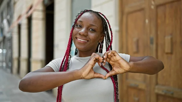 Happy African American Woman Making Lovely Heart Sign Hands Urban — Stock Photo, Image