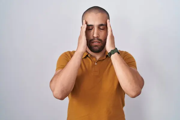 Hispanic Man Beard Standing White Background Hand Head Headache Because — Stock Photo, Image