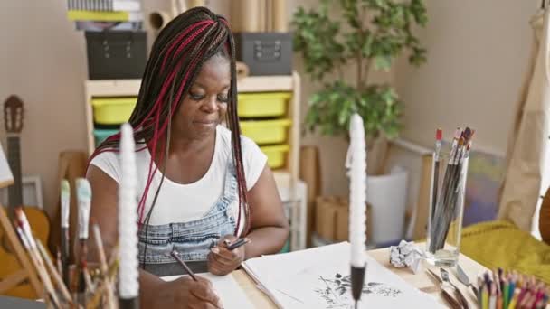 美しいアフリカ系アメリカ人女性アーティスト 勇敢な飛行 居心地の良いアートスタジオのノートブックに深く集中した図面 ペイントブラシの最中にリラックス — ストック動画