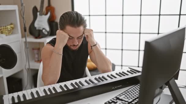 Fiatal Spanyol Férfi Zenész Zongorázni Hangsúlyozta Zenei Stúdióban — Stock videók